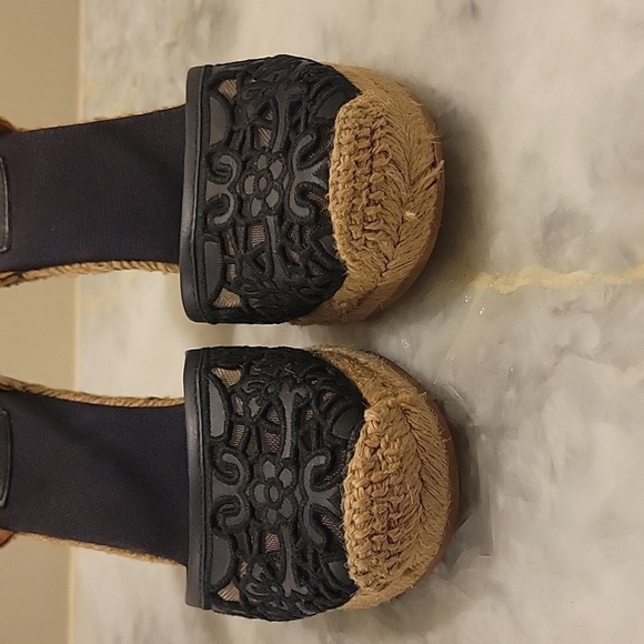 Tory Burch Leather Lucia Canvas Espadrille Wedge Crochet Woven Lace Sandal 6.5 - Picture 4 of 10